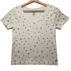 Wild Skye Cream Floral Lace Trim Short Sleeve Scoop Neck Top Cottage Y2K L XL